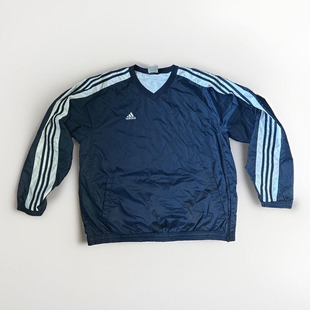 adidas Men’s Lightweight Nylon Pullover Windbreaker Jacket L Blue/White V-Neck M